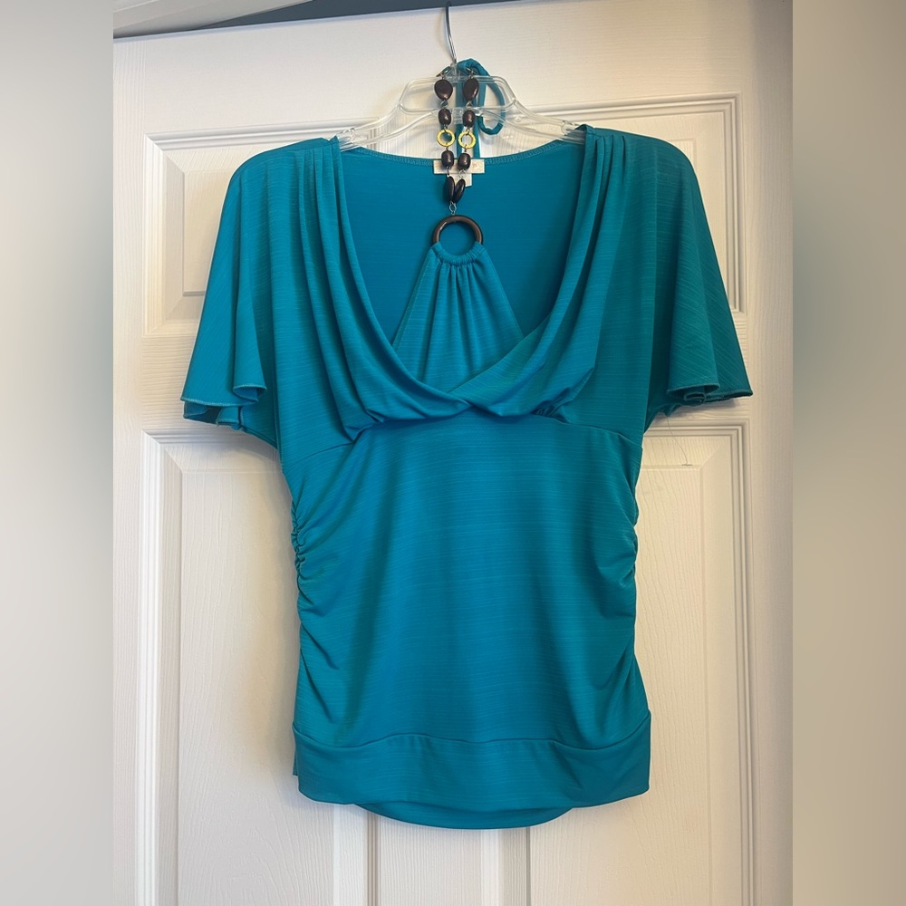 Sequin Hearts Teal Draped Blouse